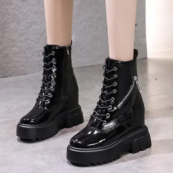 2021 Зимние женские модные черные ботильоны на платформе, женские массивные ботинки из лакированной кожи на высоком каблуке 9 см, женские туфли на танкетке бежевого цвета