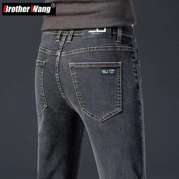 2023 Осень Новые мужские джинсы с прямыми штанинами В винтажном стиле Модные зауженные брюки Эластичные повседневные джинсовые брюки Мужская брендовая одежда