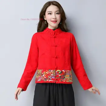 2024 китайские винтажные топы hanfu, хлопковая льняная куртка с национальной цветочной вышивкой, восточное жаккардовое этническое пальто с хлопковой подкладкой 