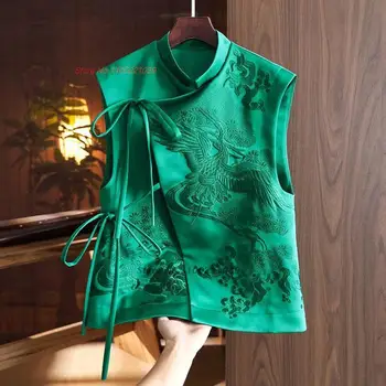 2024 традиционная этническая одежда-жилет в ретро-китайском стиле, современная женская жилетка с вышивкой журавля, восточный повседневный костюм эпохи тан