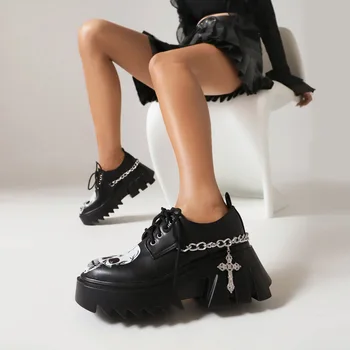 ippeum Женские лоферы в стиле панк-рок с темным рисунком черепа, туфли на толстом каблуке с пряжкой, лакированная кожа, туфли на платформе в готическом стиле с перекрестной шнуровкой