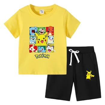 MINISO Pikachu/ Новый летний костюм с круглым вырезом и короткими рукавами, детская одежда, футболка и брюки с короткими рукавами, костюм-двойка