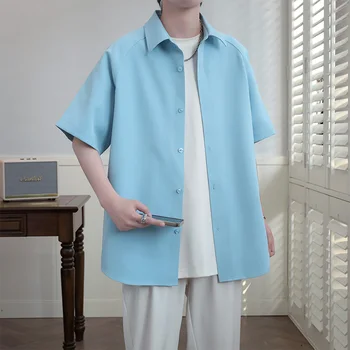 Весенне-летняя мужская рубашка, повседневная дышащая рубашка, японская однотонная модная рубашка с коротким рукавом, Универсальный топ с лацканами