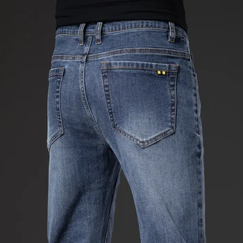 Винтажные повседневные мужские джинсы-стрейч прямого кроя, облегающие Модные хлопковые Удобные Мужские джинсовые брюки, Брендовая одежда