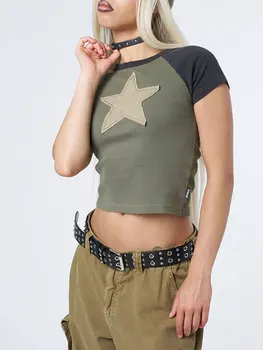 Женские тонкие летние укороченные топы с нашивкой в виде звезды, кепка, футболка с круглым вырезом, клубная одежда