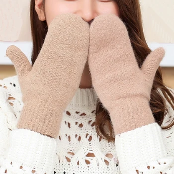 Зимние Теплые Перчатки Из Искусственного Меха С Полными Пальцами Для Женщин, Однотонные Утепленные Кашемировые Вязаные Перчатки, Уличные Холодостойкие Варежки