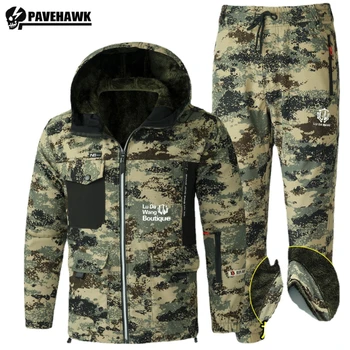 Зимний военный утепленный камуфляжный комплект, мужской тренировочный тактический непромокаемый флисовый теплый костюм с большим карманом, эластичная ветровка с капюшоном, из 2 предметов