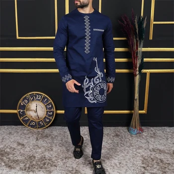 Кафтан Элегантный Африканский мужской комплект из 2 предметов, этнические топы и брюки с длинными рукавами, роскошный мужской костюм, свадебная мужская одежда