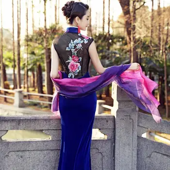 китайское винтажное платье 2024, бархатное вечернее платье с национальной цветочной вышивкой чонсам, восточное кружевное платье qipao vestido, банкетное платье