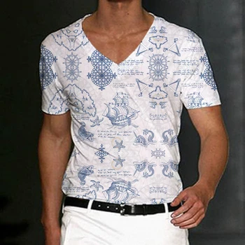 Летние футболки для мужчин Блузка с изображением якоря Пуловеры с V-образным вырезом Негабаритные топы с коротким рукавом Повседневная одежда 2023 Мужская рубашка Тройники
