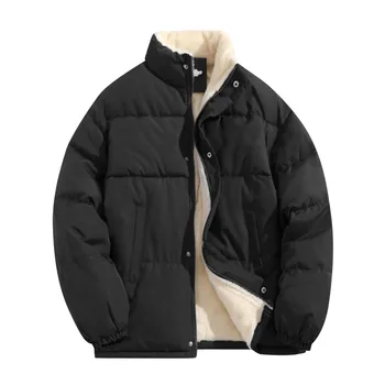 Мужская зимняя Плюс Размер, однотонный карман на молнии, воротник, толстая теплая хлопковая стеганая куртка, пальто без капюшона, мужская стеганая зимняя куртка