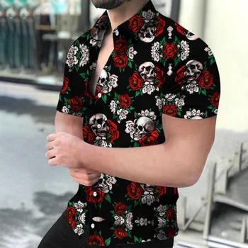 Мужская рубашка с черепом, летняя гавайская рубашка с коротким рукавом, мужская ретро-рубашка оверсайз 2023, мужская летняя мужская одежда с 3D-принтом, топы