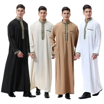 Мусульманские Мужчины Джубба Тобе Мужское Длинное платье С Исламской Аппликацией Кимоно Длинный Халат Саудовская Мусульманская Одежда Абая Кафтан Дубай Арабское платье 2024