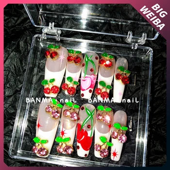 Новый бриллиантовый вишневый длинный гроб на шпильках, накладные ногти, модная ручная работа, элитный дизайн ногтей для вечеринок, настраиваемый Дизайн ногтей, Бесплатная доставка