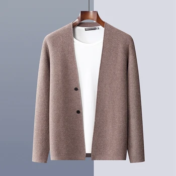Осень/Зимнее Корейское новое мужское пальто из 100% шерсти, однотонный кардиган с V-образным вырезом, мягкий и дышащий свитер