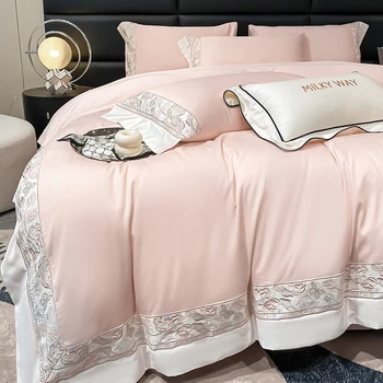Розовый комплект постельного белья из египетского хлопка Роскошная Высококачественная Шикарная вышивка Двойной пододеяльник Льняные комплекты простыней с наволочками