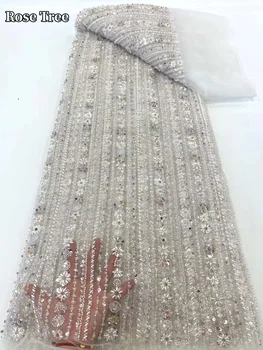 Роскошная Африканская кружевная ткань из тяжелого бисера 2024 года, Высококачественная 5 ярдов Нигерийская кружевная ткань, блестки, Французское кружево для вечернего платья