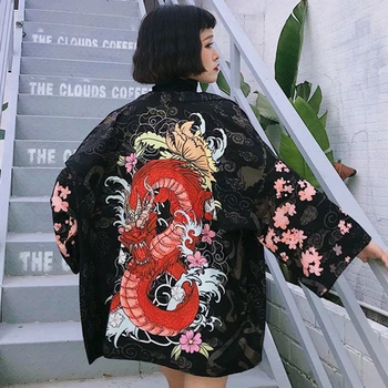Свободное японское кимоно рубашка пляжное кимоно кардиган женское летнее традиционное японское черное кимоно юката японский пальто