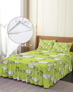 Симпатичная зеленая юбка для кровати с рисунком Тофу Эластичное Облегающее покрывало с наволочками Протектор кровати Наматрасник Комплект постельного белья Простыня