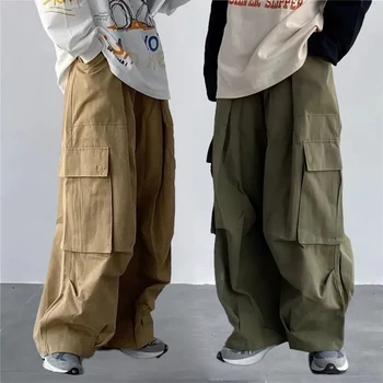Японский свободный комбинезон с большим карманом и широкими штанинами для унисекс 2023, Новые осенние модные повседневные универсальные брюки в стиле милитари в стиле ретро для пар