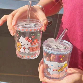 301-400 мл Kawaii Sanrio Kuromi Hello Kitty Cinnamoroll Чашка Для Воды Мультфильм Милый Стеклянный Холодный Напиток Чашка Девчачье Сердце Мальчики Подарки Для Девочек