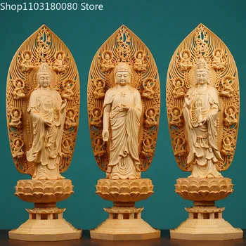 43 см Резьба по кипарису Гуаньинь Амитабха Махастхамапрапта Бодхисаттва подставка Лотос статуя Будды Три Святых Запада Большой размер