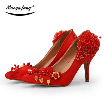 BaoYaFang/ Красные женские свадебные туфли с острым носком для невесты; вечерние модельные туфли на среднем каблуке 8 см; женские туфли-лодочки с золотыми листьями и красными цветами; обувь