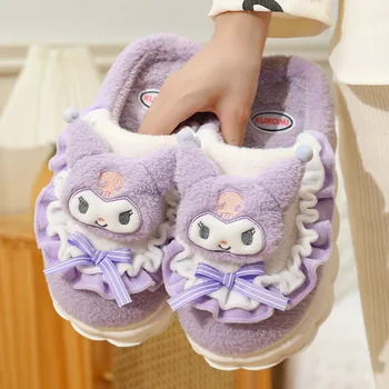 Sanrio Kawaii Hello Kitty Хлопчатобумажные Тапочки Kuromi С Помпоном, Сохраняющие Тепло, Износостойкая Противоскользящая Домашняя Обувь, Подарок На День Рождения