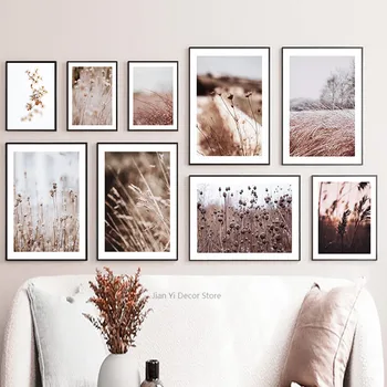 Ботанический Осенний Сушеный цветок, натуральная трава Пампасов, плакат, холст, Настенная живопись, картина для гостиной, домашний декор