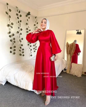 Винтажное Красное атласное вечернее платье LISM из Саудовской Аравии, Дубая, с пышными рукавами, Трапециевидное платье длиной до щиколоток для официальных мероприятий с вуалью