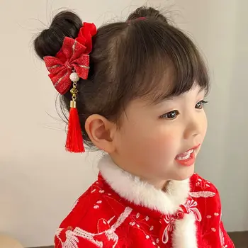 Детская красная веревка для волос с кисточками, костюм Тан, заколка для волос, жемчужный китайский новогодний головной убор, шар для волос, древний головной убор, Красный бант, веревка для волос