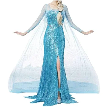 Длинное платье принцессы Эльзы с блестками, сетчатый костюм Эльзы для взрослых, костюм Снежной королевы, праздничное платье на Хэллоуин, карнавальный костюм для косплея.