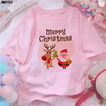 Женская футболка с Рождеством Христовым в стиле Харадзюку, женская футболка с принтом Олененка Санта-Клауса, повседневная розовая футболка с коротким рукавом для женской одежды