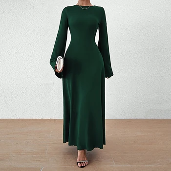 Женское бархатное длинное платье с круглым вырезом и открытой спиной на шнуровке, Элегантные вечерние платья для вечеринок 2024, весеннее офисное женское облегающее однотонное платье