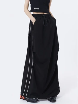 Макси-юбка-карго DEEPTOWN, женская Черная Повседневная юбка в боковую полоску с высокой талией и завязками, Свободная Длинная юбка длиной до пола, винтажная уличная одежда