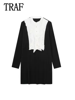 Многослойное мини-платье с оборками от TRAF Woman 2024, женское элегантное вечернее платье, женские короткие платья с рюшами с длинным рукавом