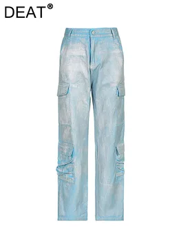 Модные женские джинсы с высокой талией, посеребренные, с множеством карманов, прямые джинсовые брюки-карго во всю длину, Весна 2024, Новая мода