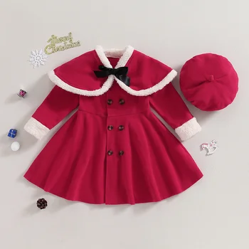 Модные Рождественские наряды для малышей, плюшевая куртка-шаль с пуговицами и длинными рукавами в стиле пэчворк, шапка, теплые осенние топы для маленьких девочек, верхняя одежда