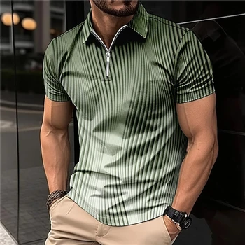 Мужская рубашка поло с воротником Рубашка для гольфа в 3D спиральную полоску с отложным воротником Уличная одежда на молнии с коротким рукавом Модные пляжные повседневные рубашки поло