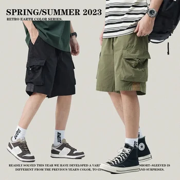 Мужские новые летние спортивные шорты в стиле ретро, свободные повседневные брюки в пять четвертей, Модные повседневные брюки с объемными карманами, шорты-карго