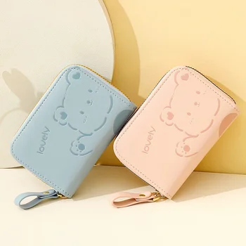 Новая мини-женская сумка для органайзера с несколькими слотами на молнии, кошелек для монет с мультяшным милым мишкой из искусственной кожи, свежий и приятный