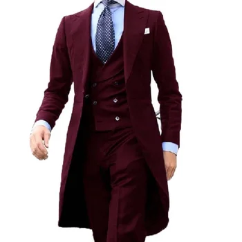 Новое поступление длинных пальто бордового цвета, мужской костюм, нежный мужской смокинг, блейзер для выпускного вечера, 3 предмета на заказ (куртка + жилет + брюки)