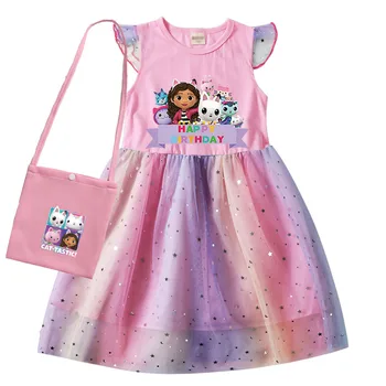 Одежда Gabby Cats, детские платья с короткими рукавами для маленьких девочек, кукольный домик Gabbys, радужное платье для вечеринки в честь дня рождения, детские платья с блестками