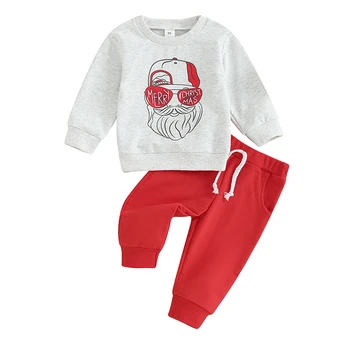 Рождественские наряды для маленьких мальчиков, толстовки с длинными рукавами и буквенным принтом старика, однотонные длинные брюки, комплект одежды из 2 предметов