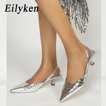 Серебристые женские туфли-лодочки на тонком низком каблуке Eilyken, босоножки, Элегантное вечернее платье с острым носком, женские туфли-шлепанцы с откидной спинкой.