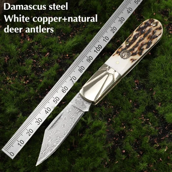 Складной нож для самообороны на открытом воздухе из Дамасской стали с ручкой из оленьего рога, Ручные инструменты для кемпинга, Охотничий тактический карманный нож