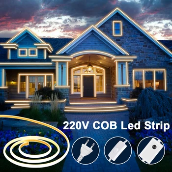 Супер Яркий COB LED Strip Light 220V Гибкая Лента 288LEDs/m Cuttable Led Неоновые Полосы Водонепроницаемый для Декора Наружного Освещения