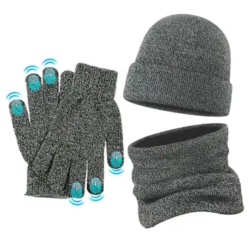 Унисекс, шапочка, шарф, перчатки, комплект зимних вязаных толстых теплых шапок, женская мужская однотонная ретро-шапка-бини, мягкий сенсорный экран
