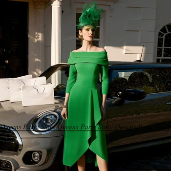 Элегантное зеленое свадебное платье для Матери невесты с вырезом лодочкой, рукава длиной 3/4, Чайная складка, простые платья для гостей, вечерние платья