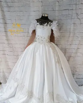 Элегантные атласные платья с цветочным узором для девочек на свадьбу, детские платья для вечеринок с бисером, нарядные платья с аппликацией для фотосессии на день рождения